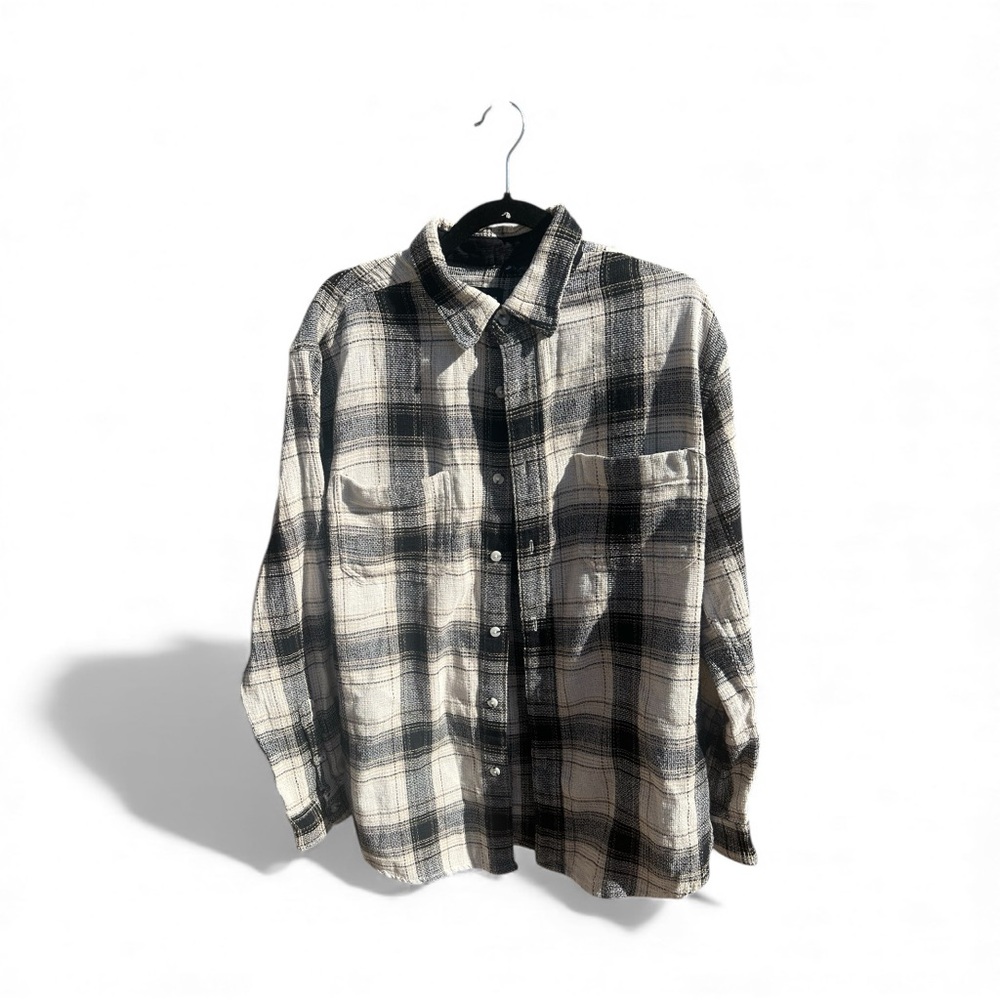 Women’s Black and Cream Plaid Button Down Shirt by Fried Waters Size X Large
